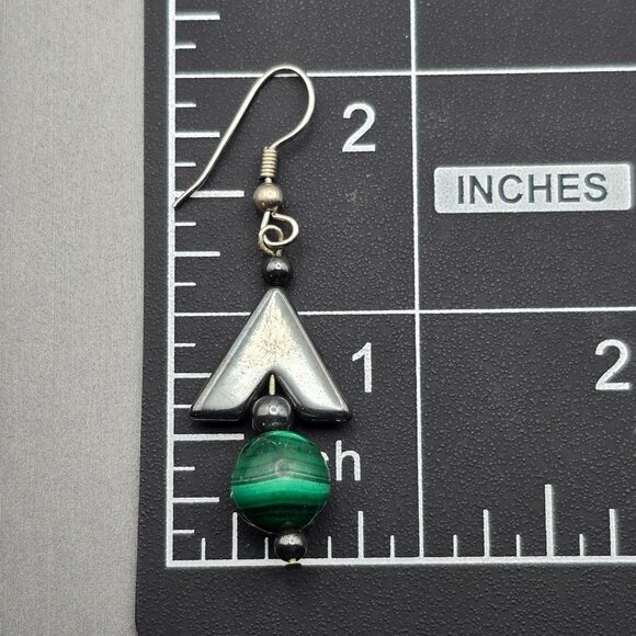 VTG Malachite & Hematite Drop Earrings 2" Sterling Silver Hook Closures - Picture 4 of 6
